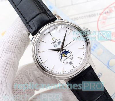 Top Quality Copy Omega White Dial Black Leather Strap Men's Watch